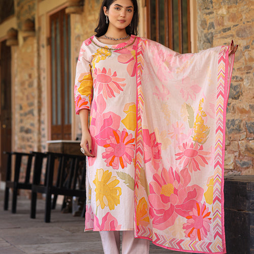 Ivory-Pink Floral Suit Set