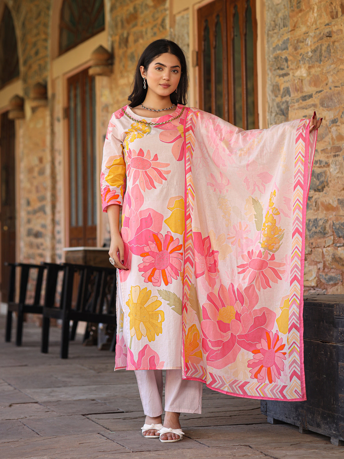 Ivory-Pink Floral Suit Set