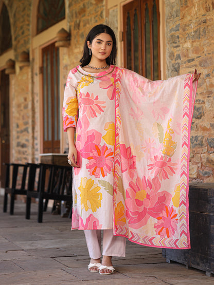 Ivory-Pink Floral Suit Set