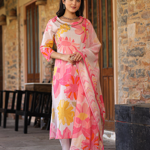 Ivory-Pink Floral Suit Set