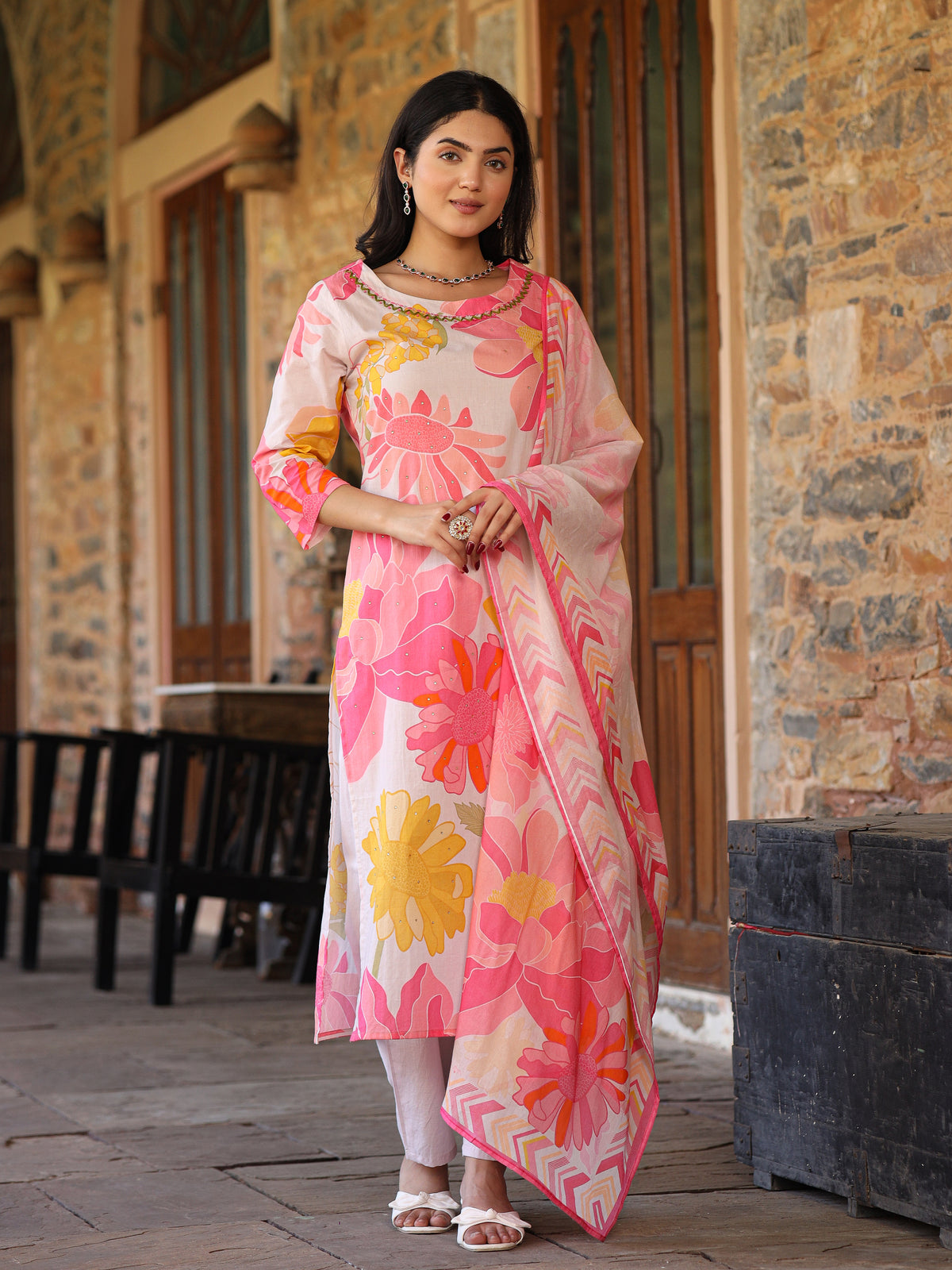 Ivory-Pink Floral Suit Set