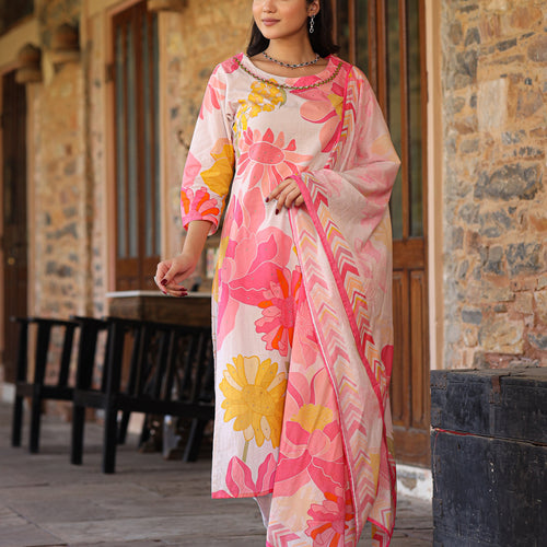 Ivory-Pink Floral Suit Set