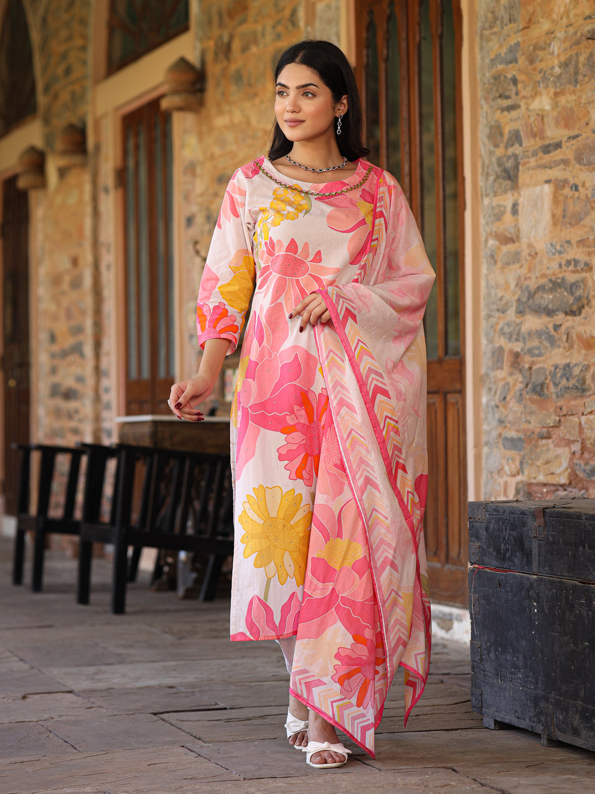 Ivory-Pink Floral Suit Set