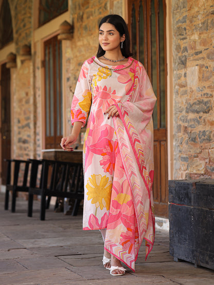 Ivory-Pink Floral Suit Set
