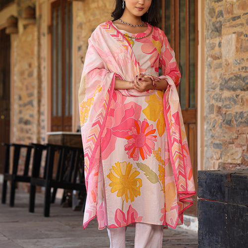 Ivory-Pink Floral Suit Set