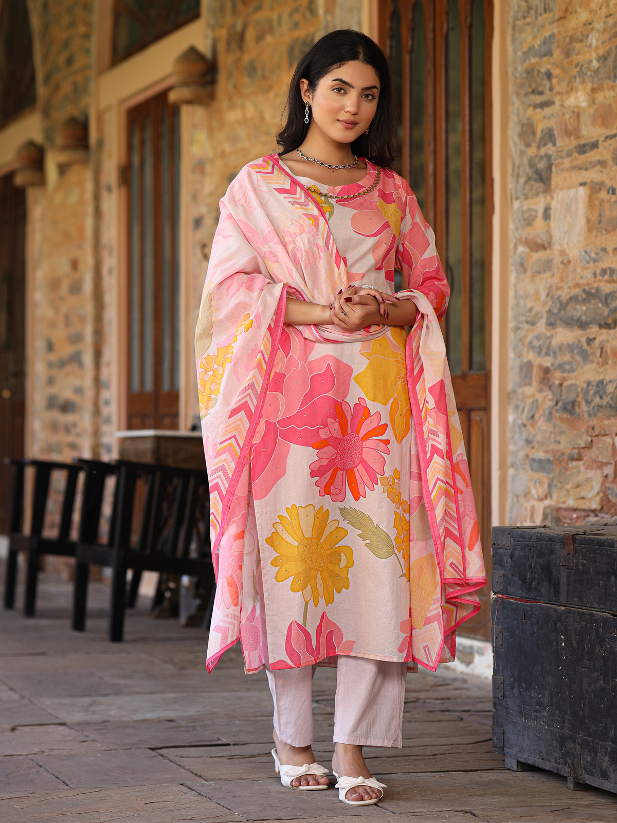 Ivory-Pink Floral Suit Set
