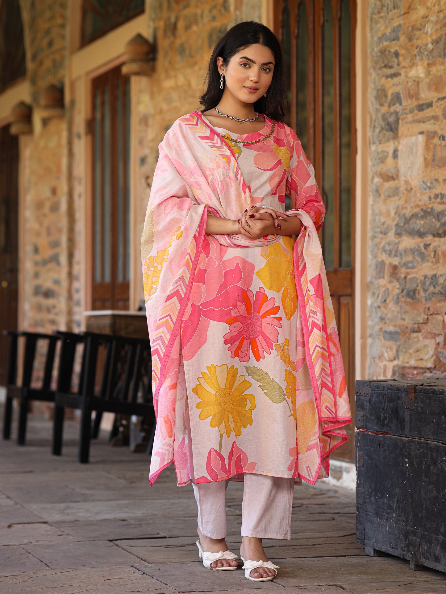 Ivory-Pink Floral Suit Set