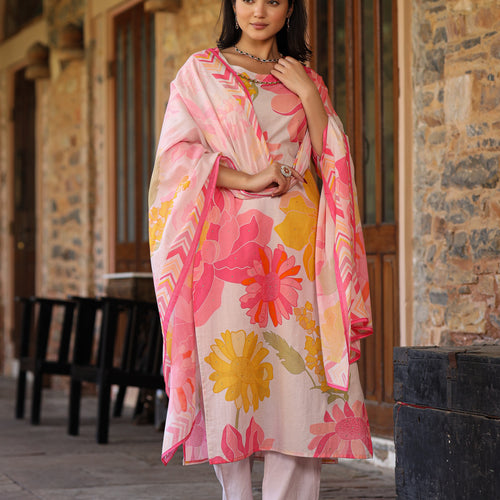 Ivory-Pink Floral Suit Set