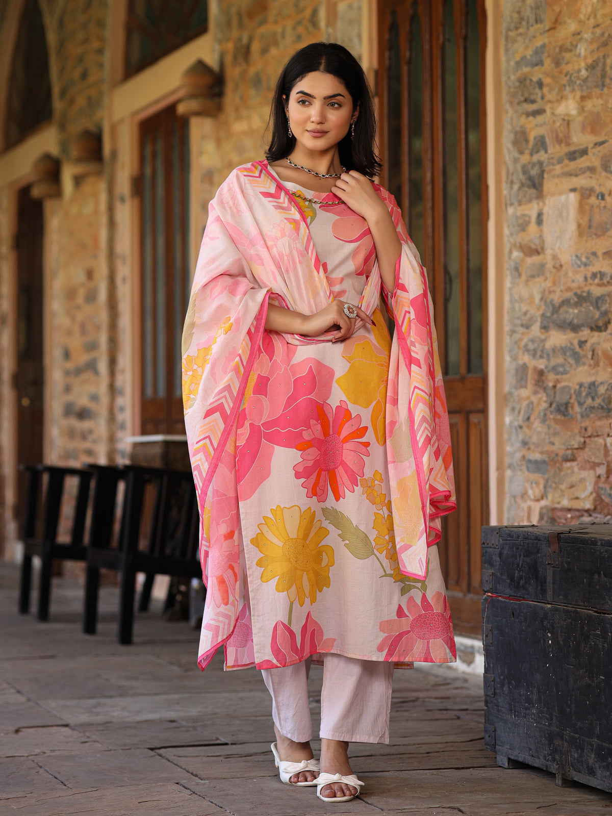 Ivory-Pink Floral Suit Set