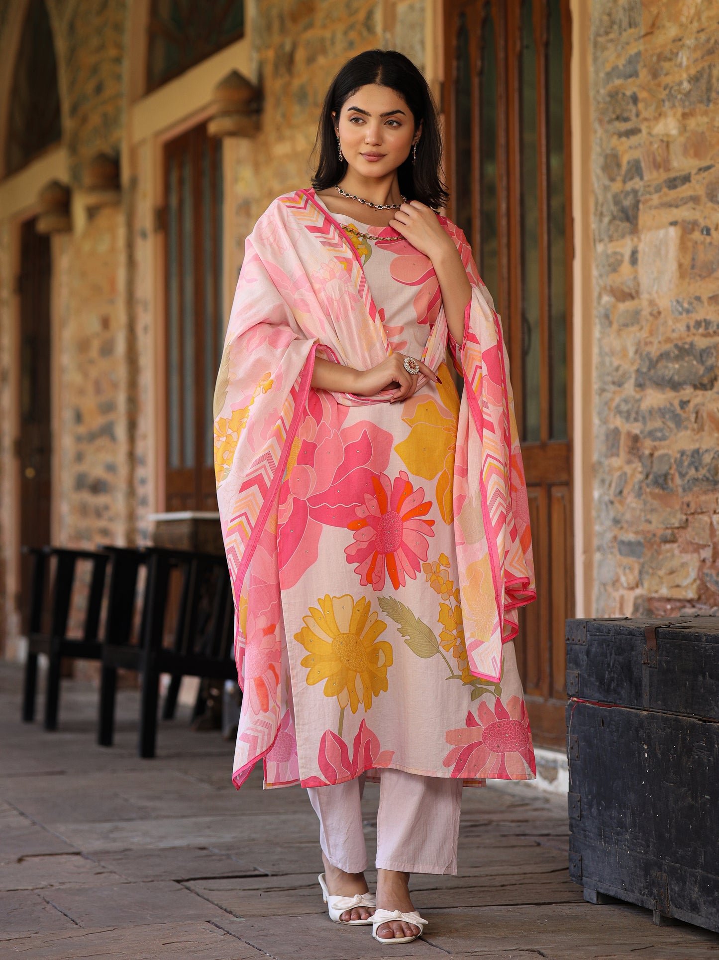 Ivory-Pink Floral Suit Set