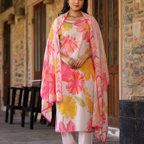 Ivory-Pink Floral Suit Set