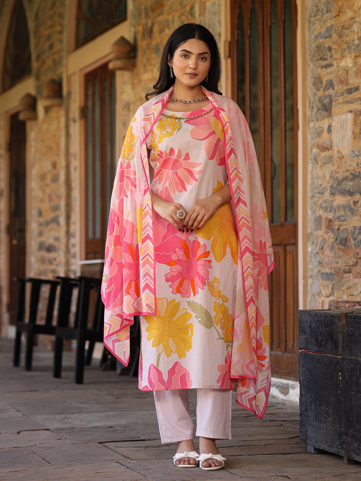 Ivory-Pink Floral Suit Set