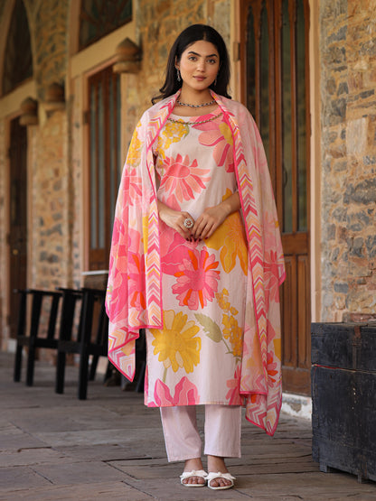 Ivory-Pink Floral Suit Set