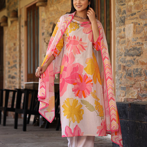 Ivory-Pink Floral Suit Set