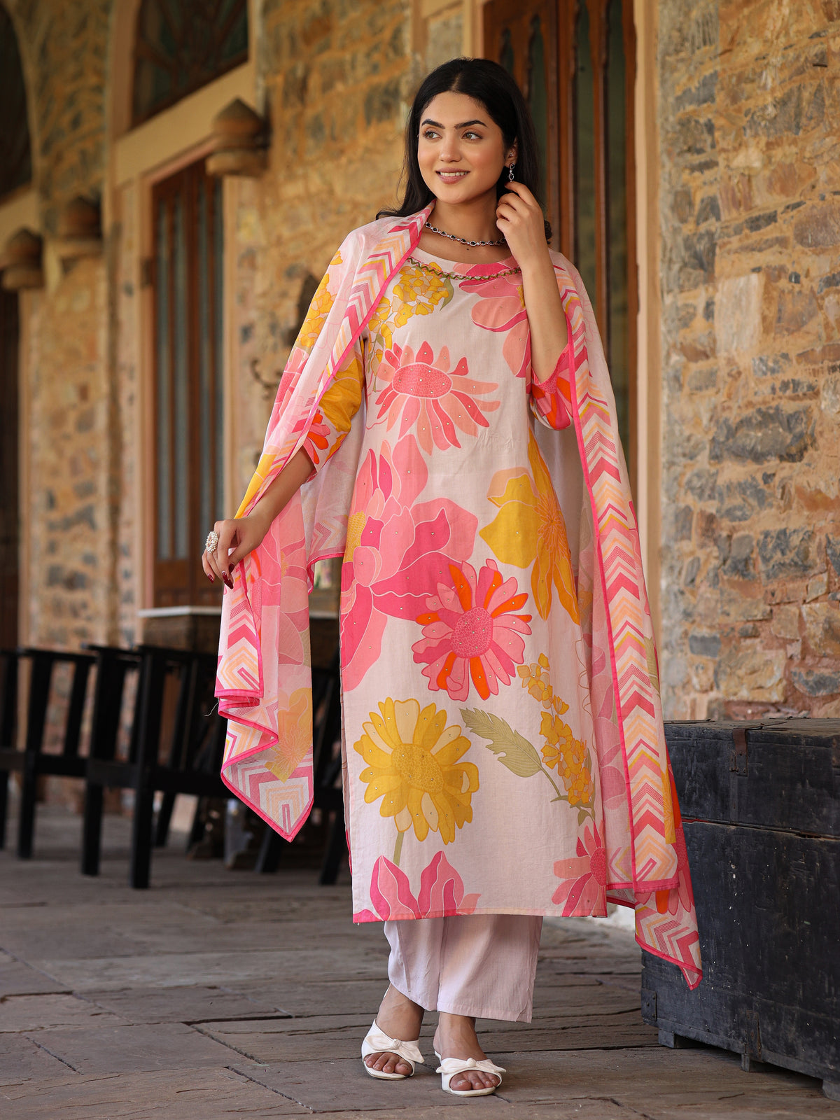 Ivory-Pink Floral Suit Set