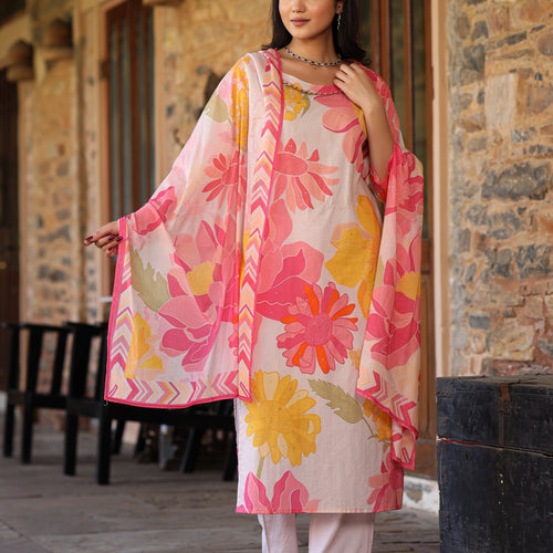 Ivory-Pink Floral Suit Set