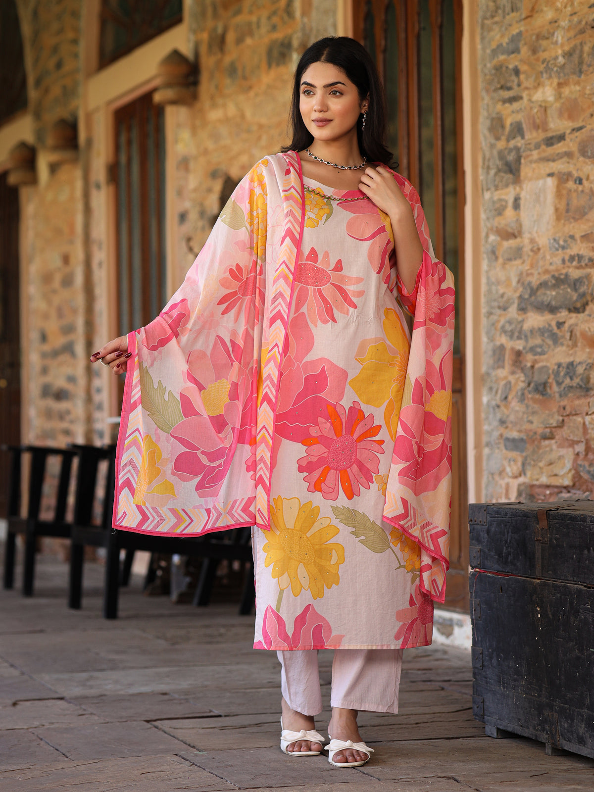 Ivory-Pink Floral Suit Set