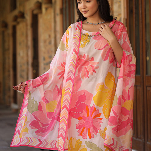 Ivory-Pink Floral Suit Set