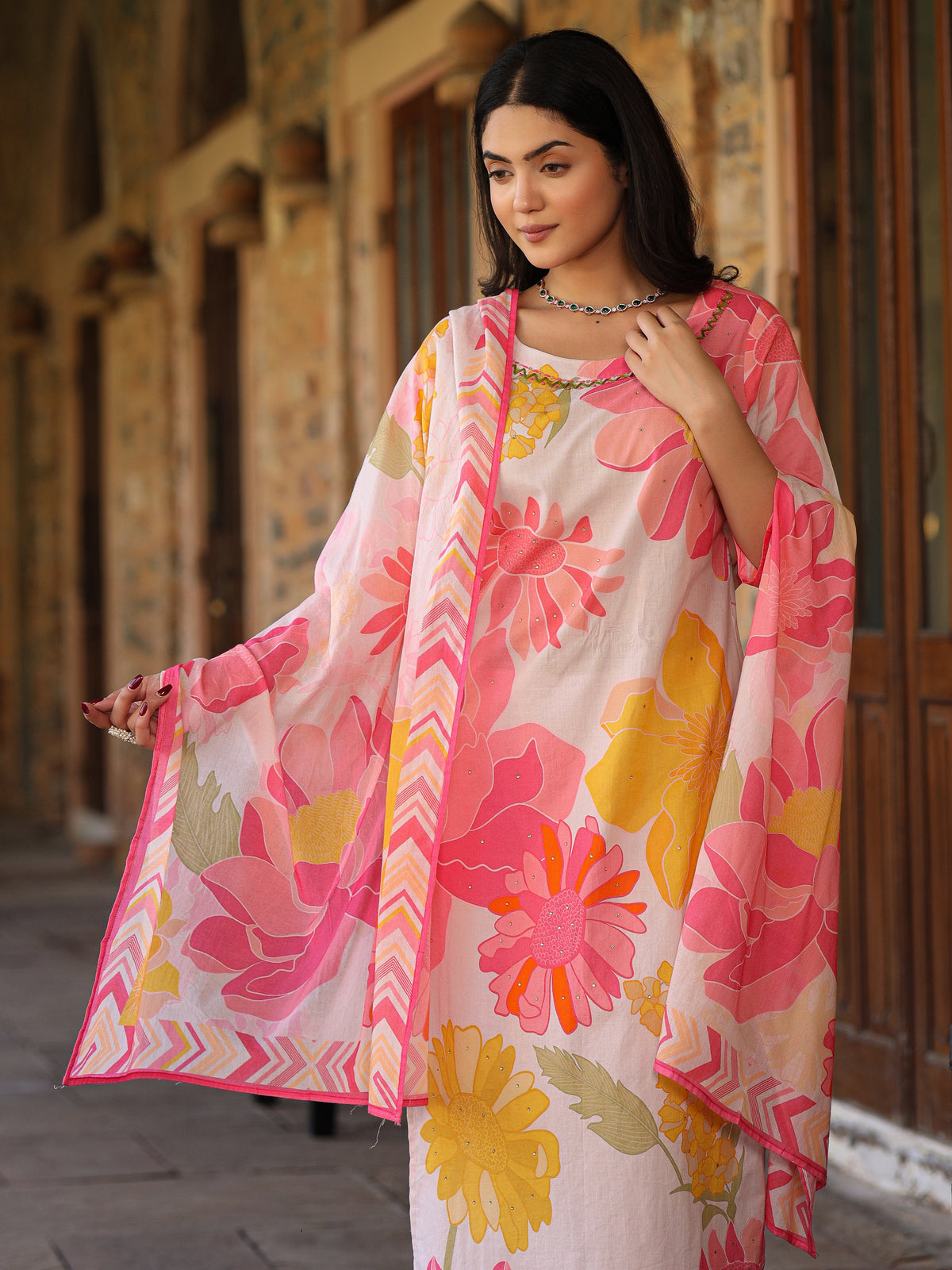 Ivory-Pink Floral Suit Set