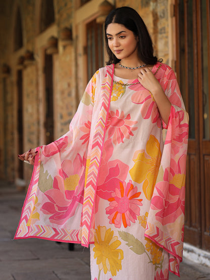 Ivory-Pink Floral Suit Set