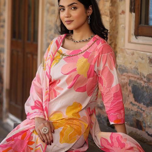 Ivory-Pink Floral Suit Set