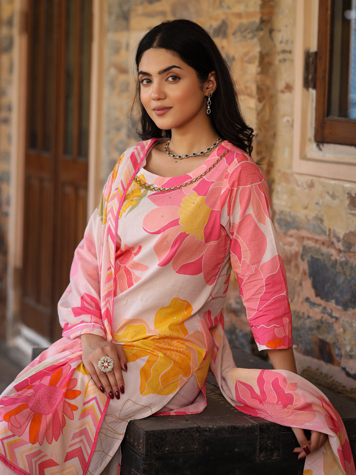 Ivory-Pink Floral Suit Set