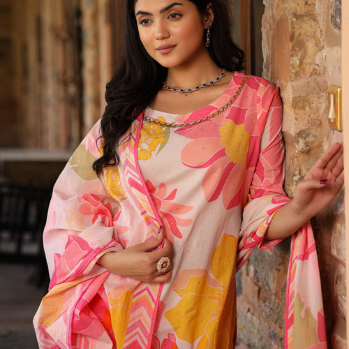 Ivory-Pink Floral Suit Set