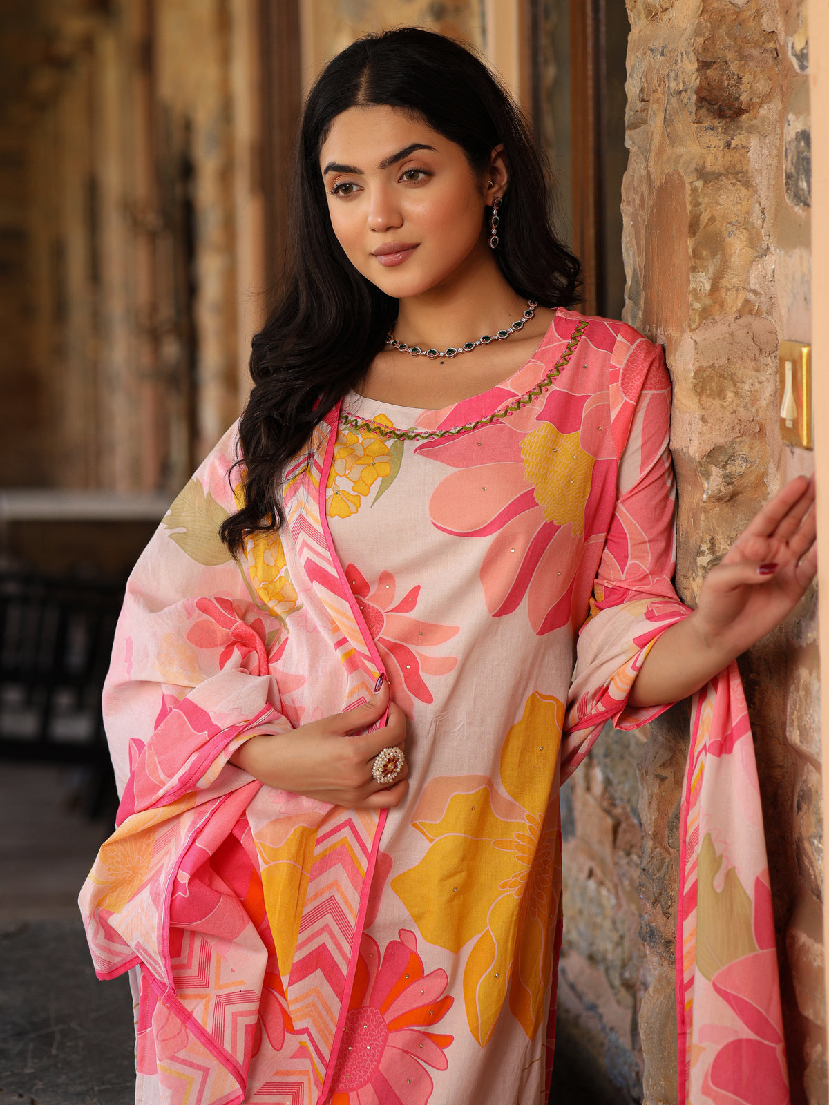 Ivory-Pink Floral Suit Set