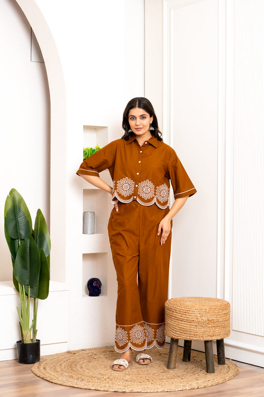 Brown Embroidered Co-ord Set