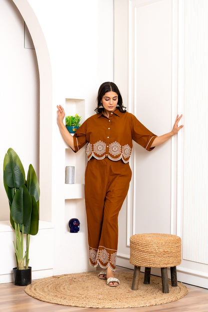 Brown Embroidered Co-ord Set