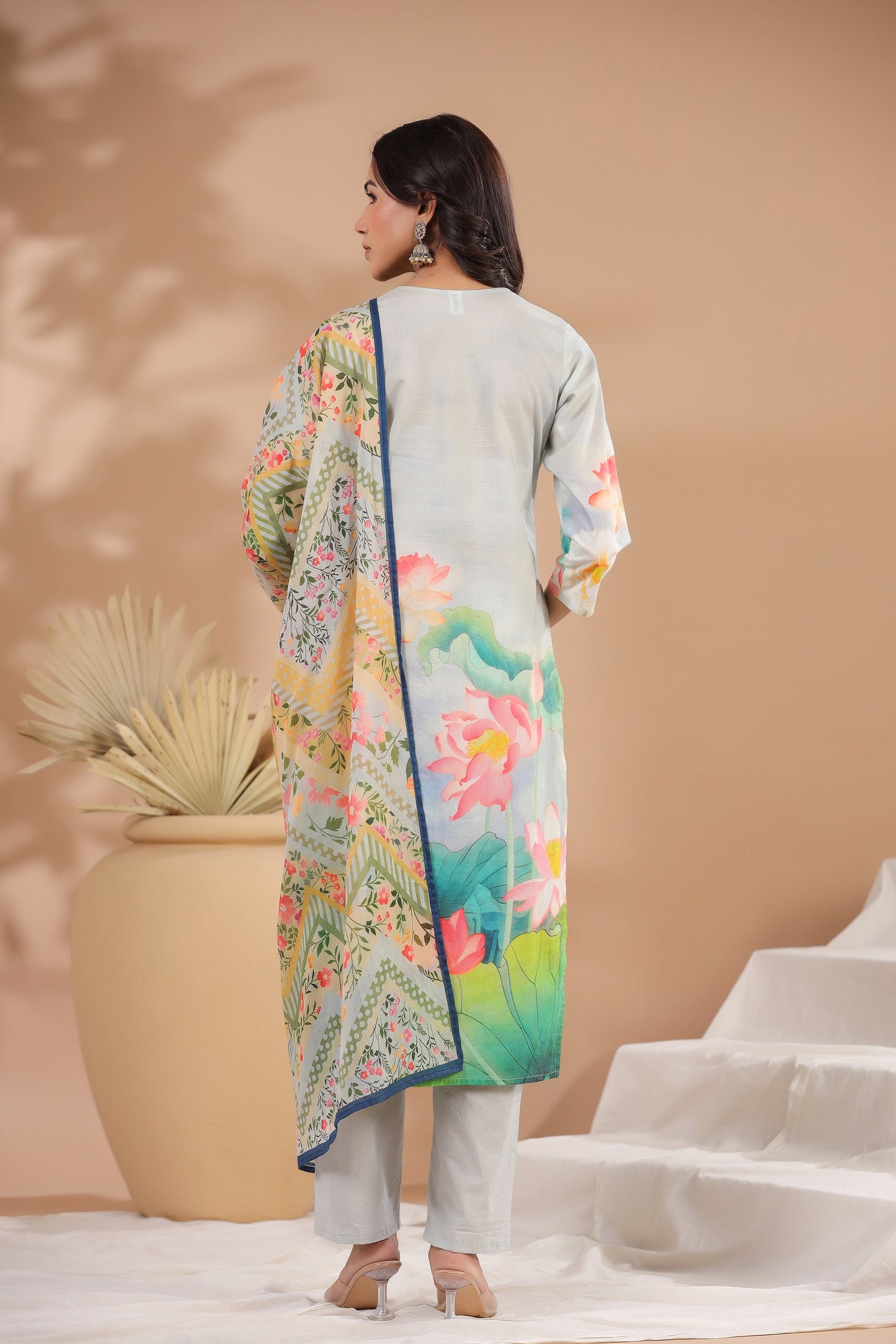 Ice Blue Floral Cotton Suit Set