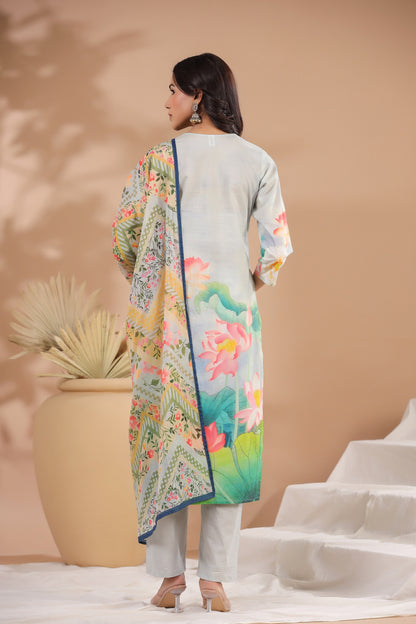Ice Blue Floral Cotton Suit Set