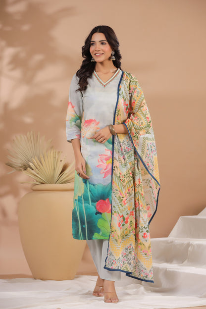 Ice Blue Floral Cotton Suit Set