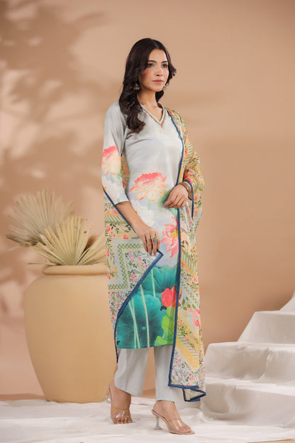 Ice Blue Floral Cotton Suit Set
