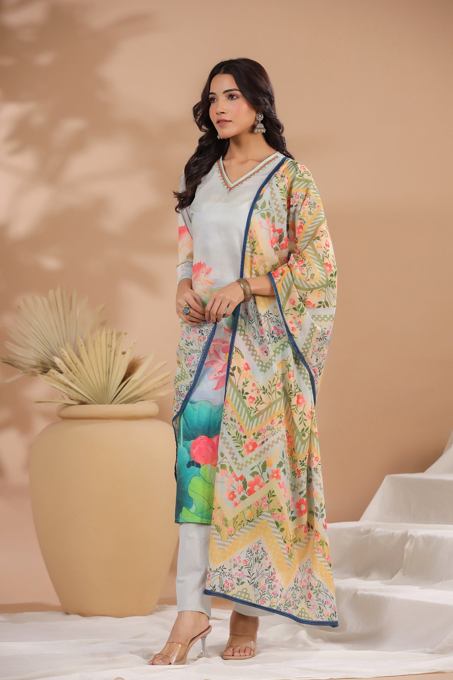 Ice Blue Floral Cotton Suit Set