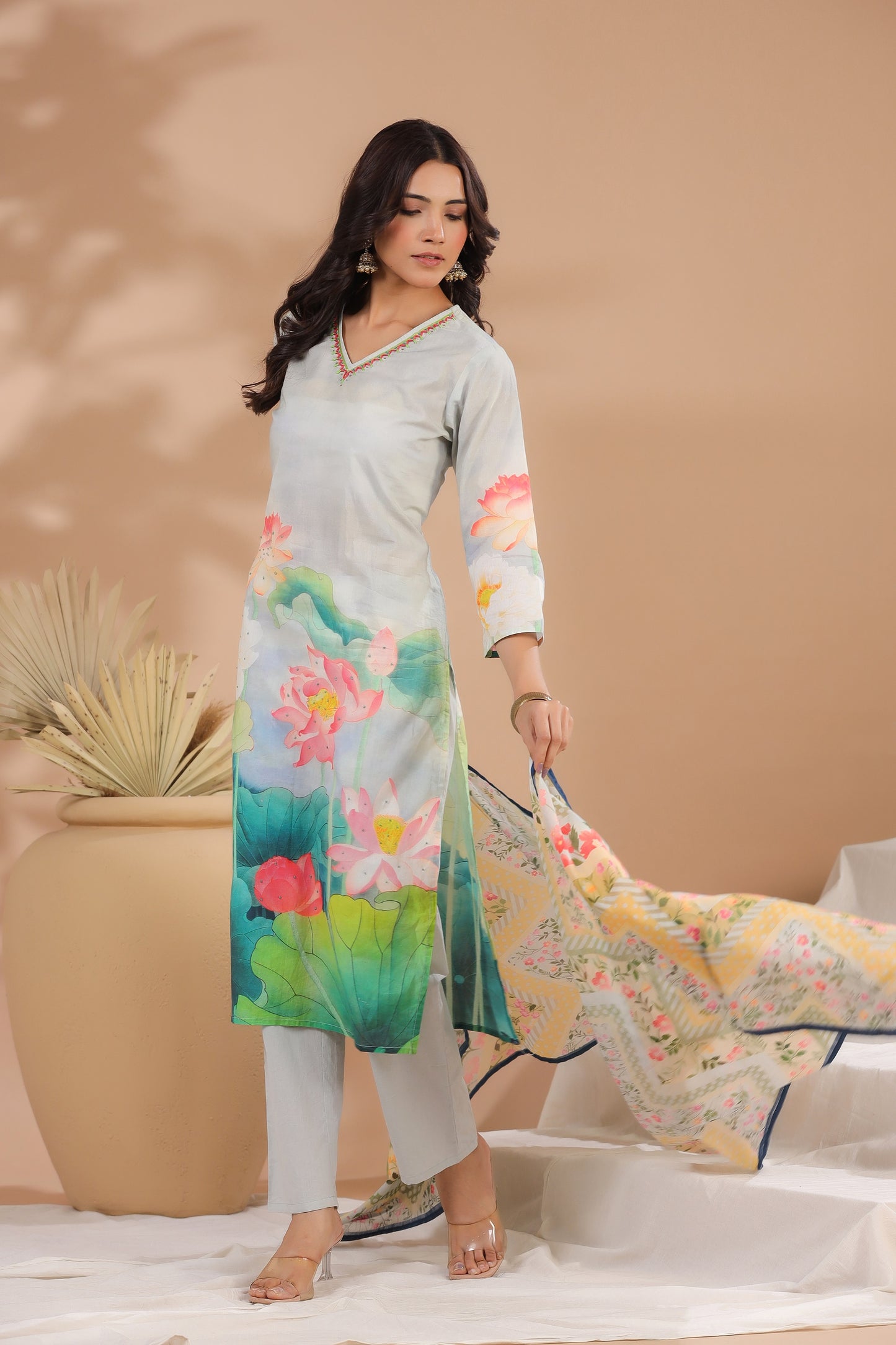 Ice Blue Floral Cotton Suit Set