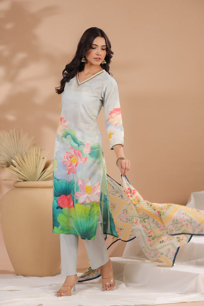 Ice Blue Floral Cotton Suit Set