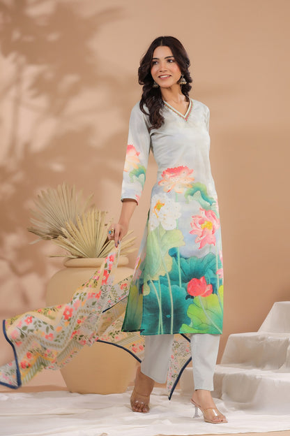 Ice Blue Floral Cotton Suit Set