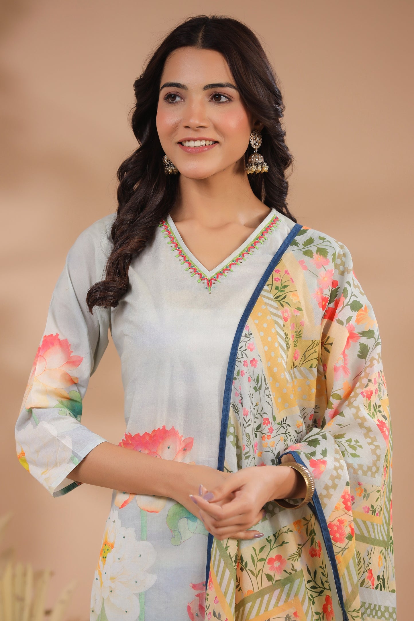 Ice Blue Floral Cotton Suit Set