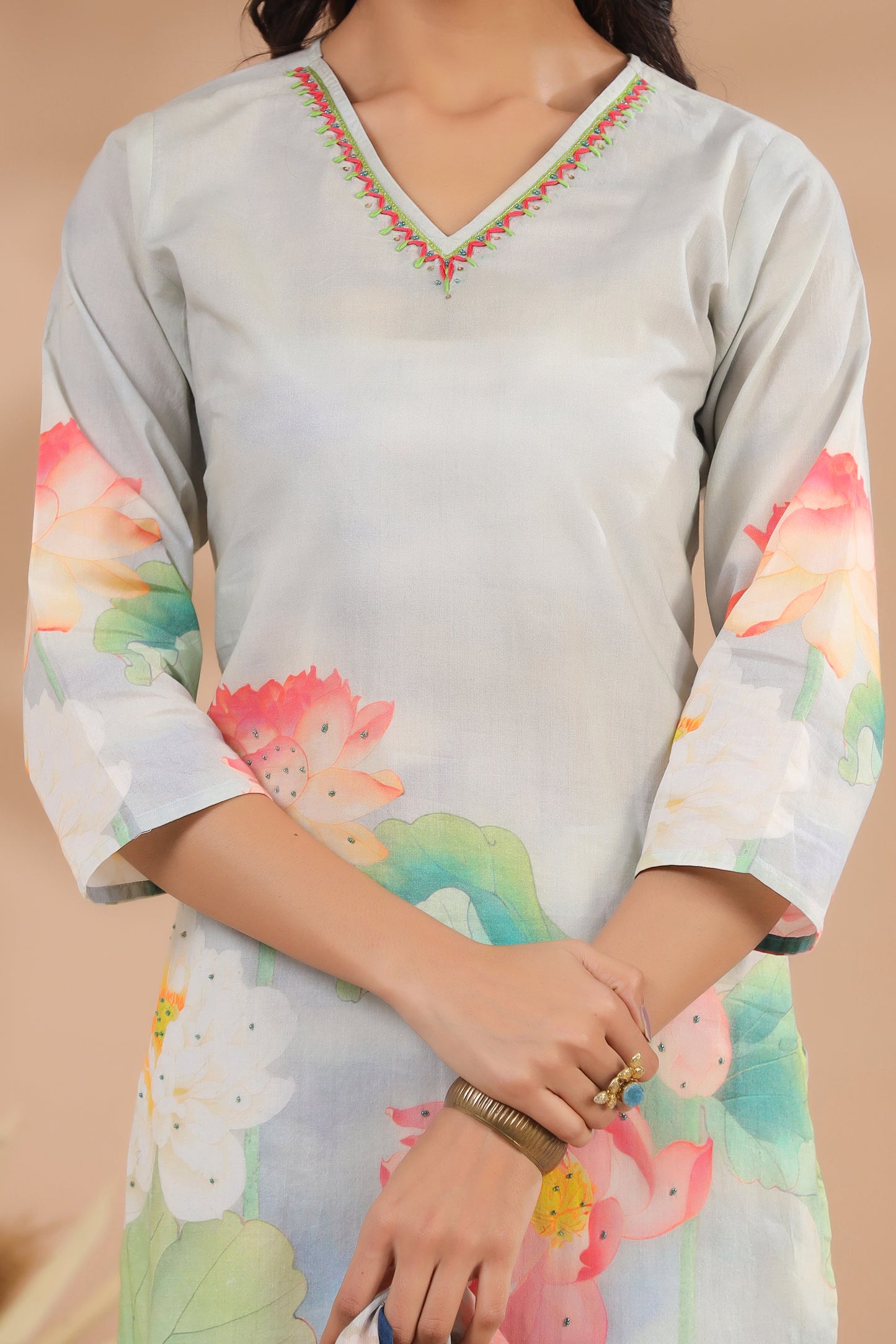Ice Blue Floral Cotton Suit Set