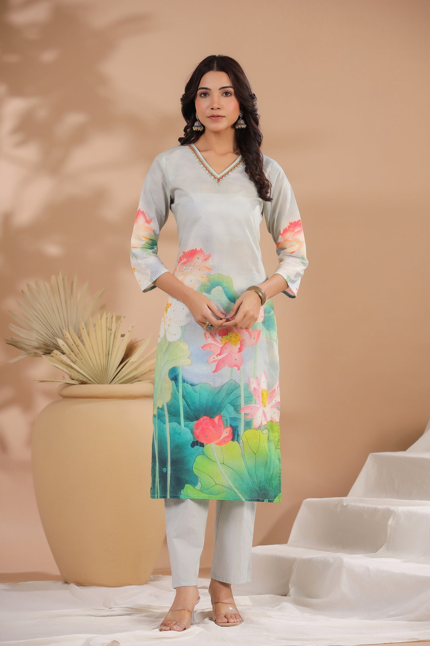 Ice Blue Floral Cotton Suit Set