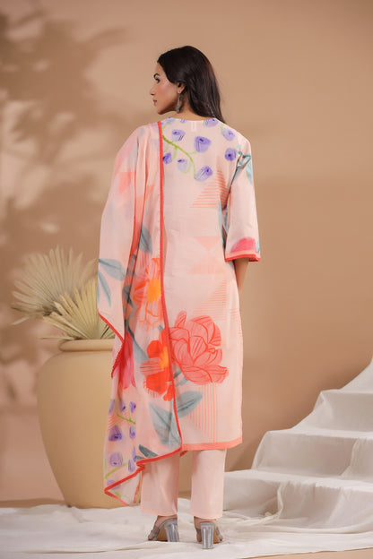 Peach Floral Cotton Suit Set