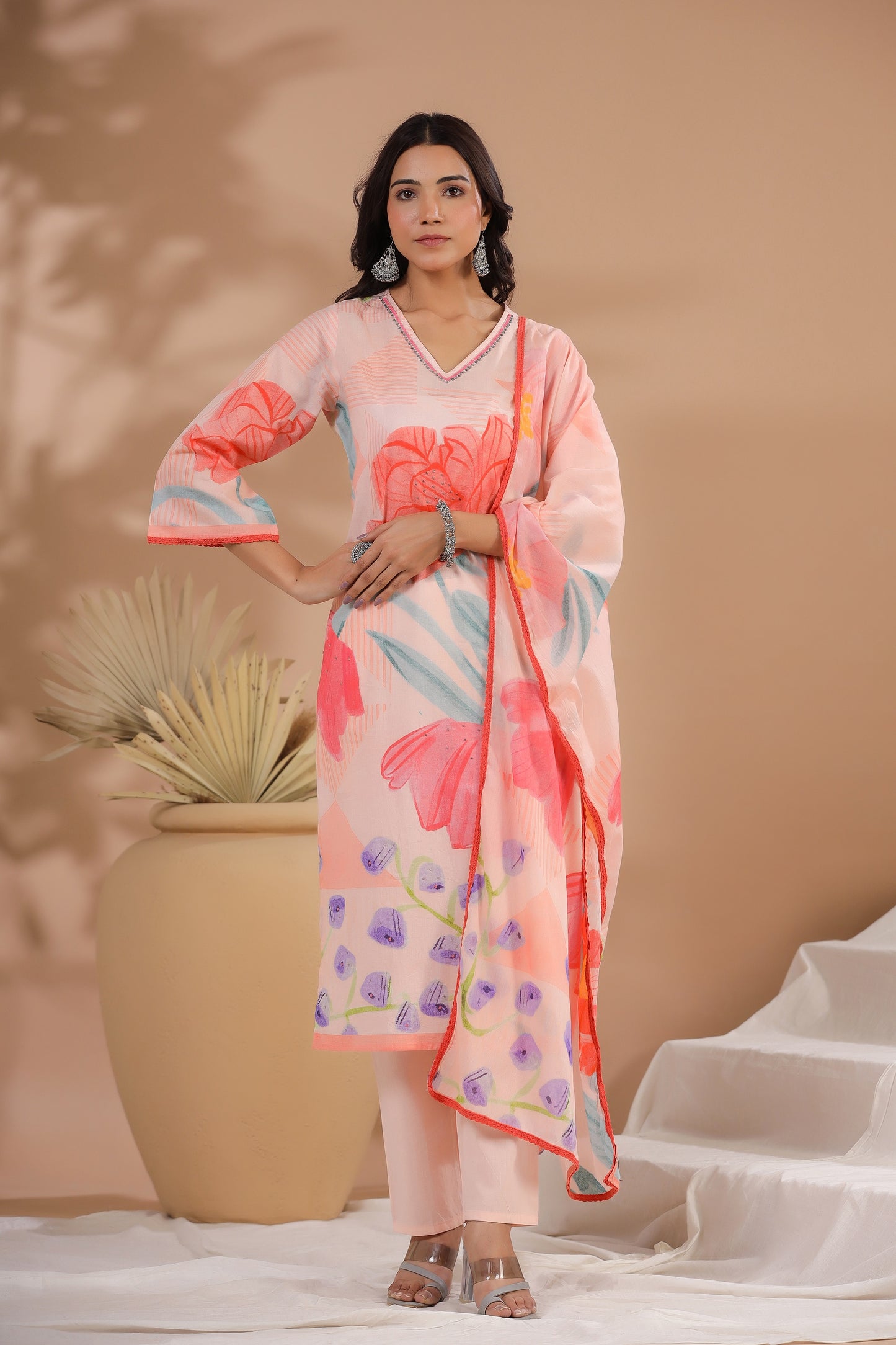 Peach Floral Cotton Suit Set