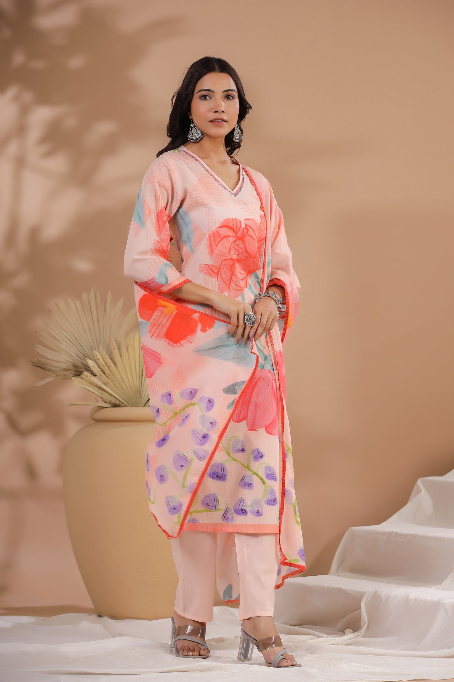 Peach Floral Cotton Suit Set