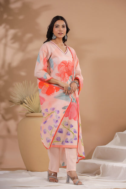 Peach Floral Cotton Suit Set