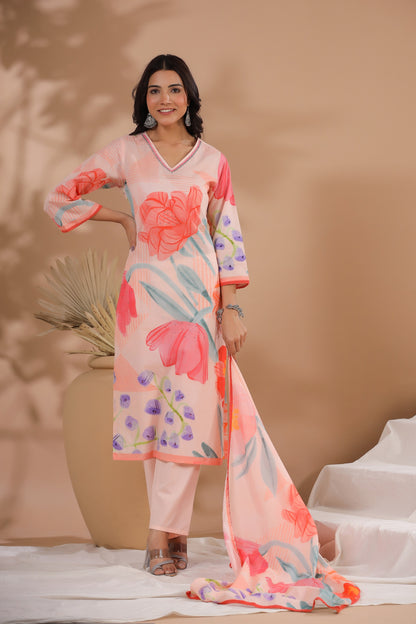 Peach Floral Cotton Suit Set