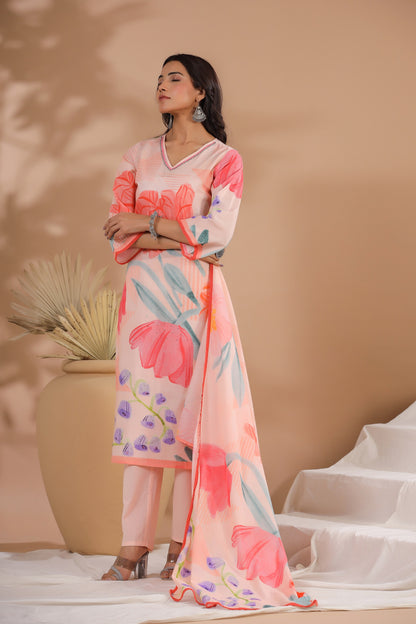 Peach Floral Cotton Suit Set