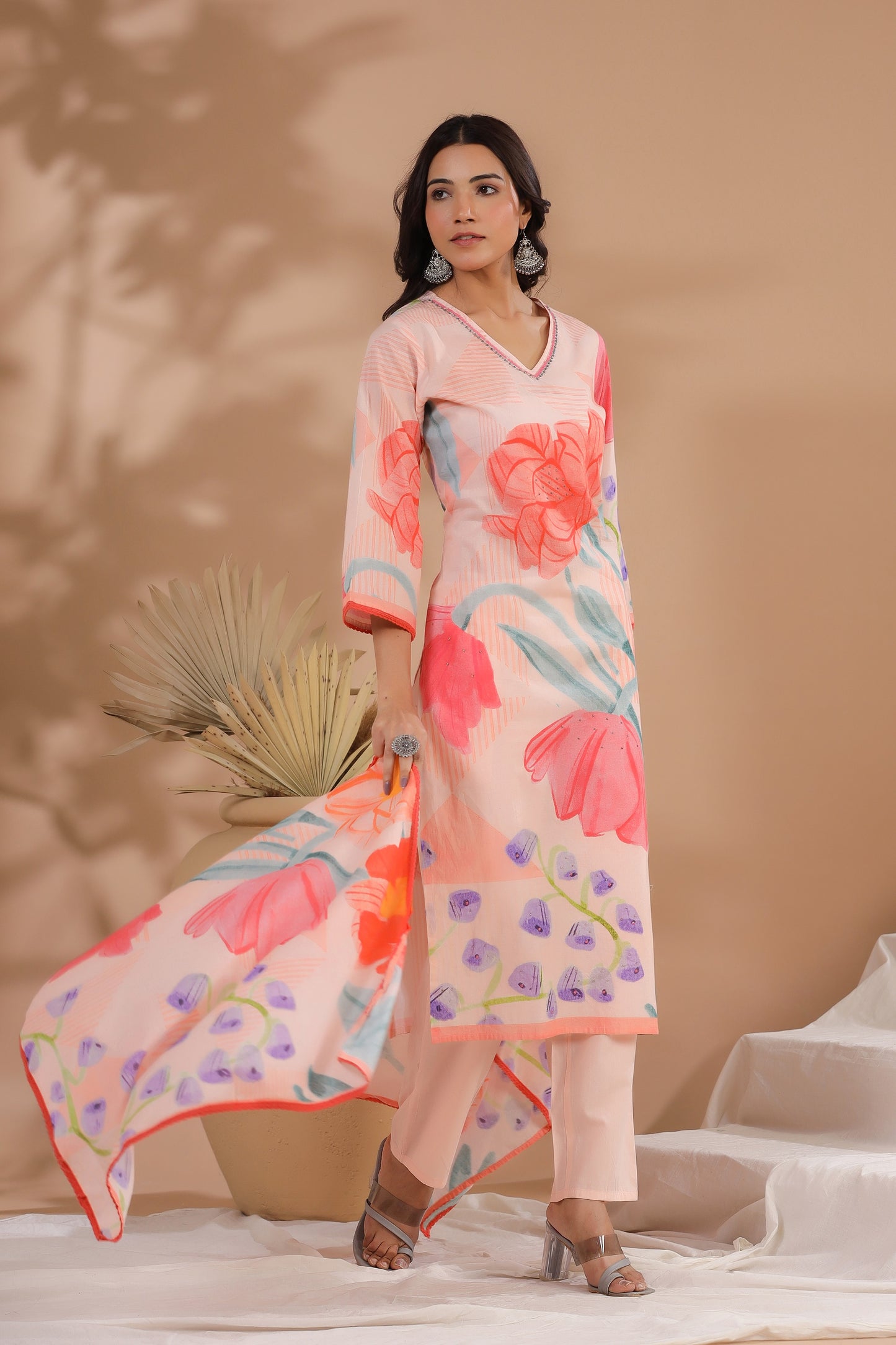 Peach Floral Cotton Suit Set