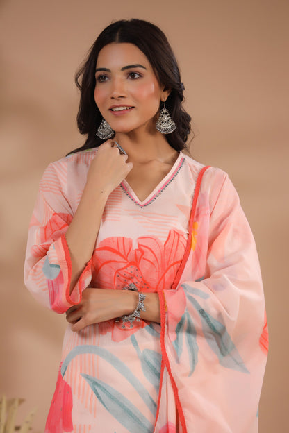 Peach Floral Cotton Suit Set