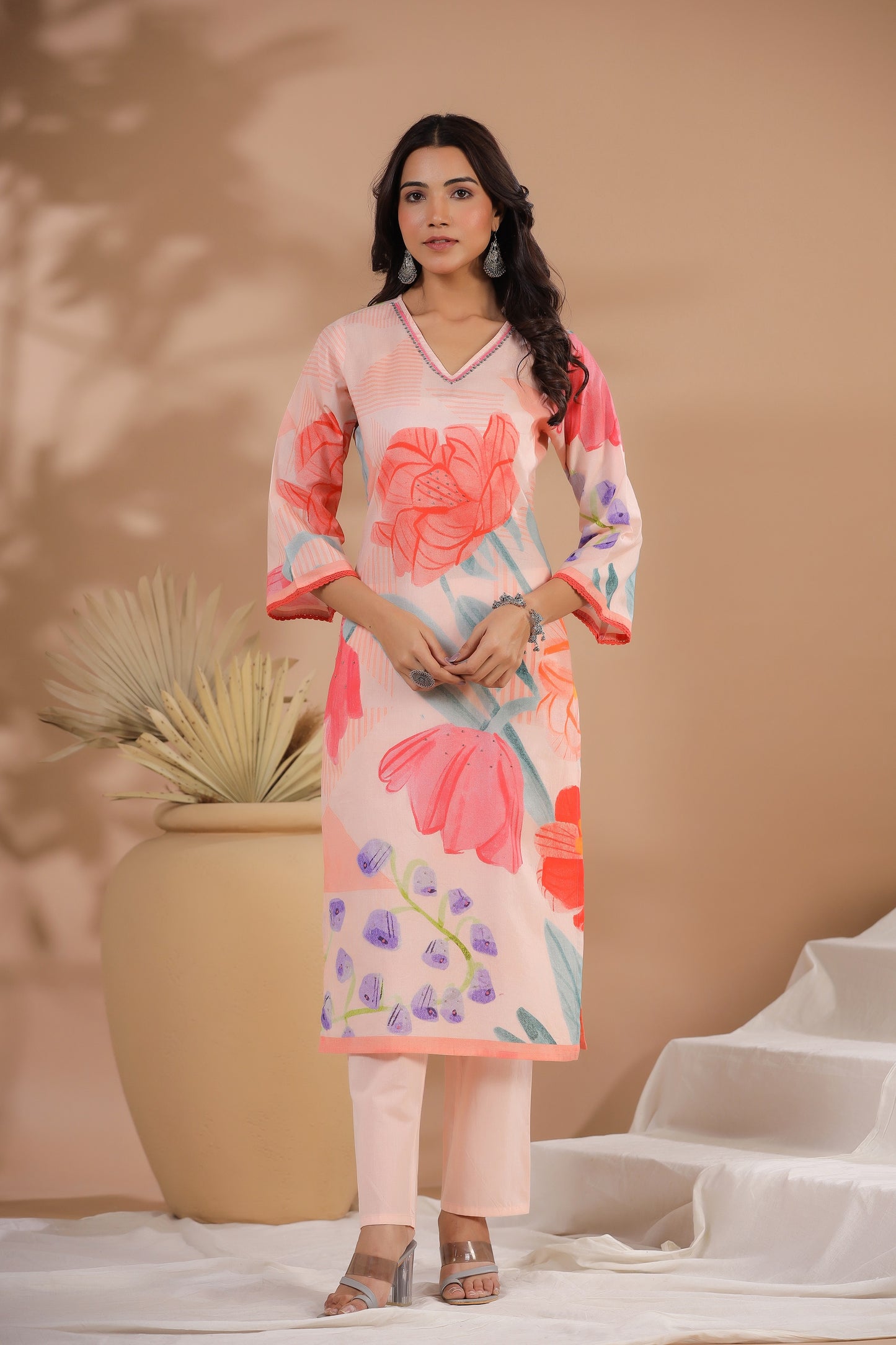 Peach Floral Cotton Suit Set